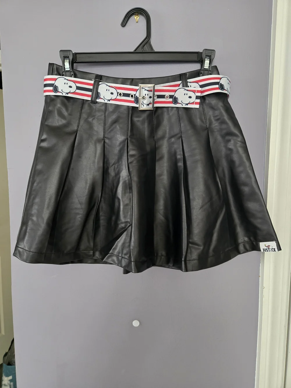 Justice Black Faux Leather Pleated Skater Skirt with Snoopy Stripe Belt